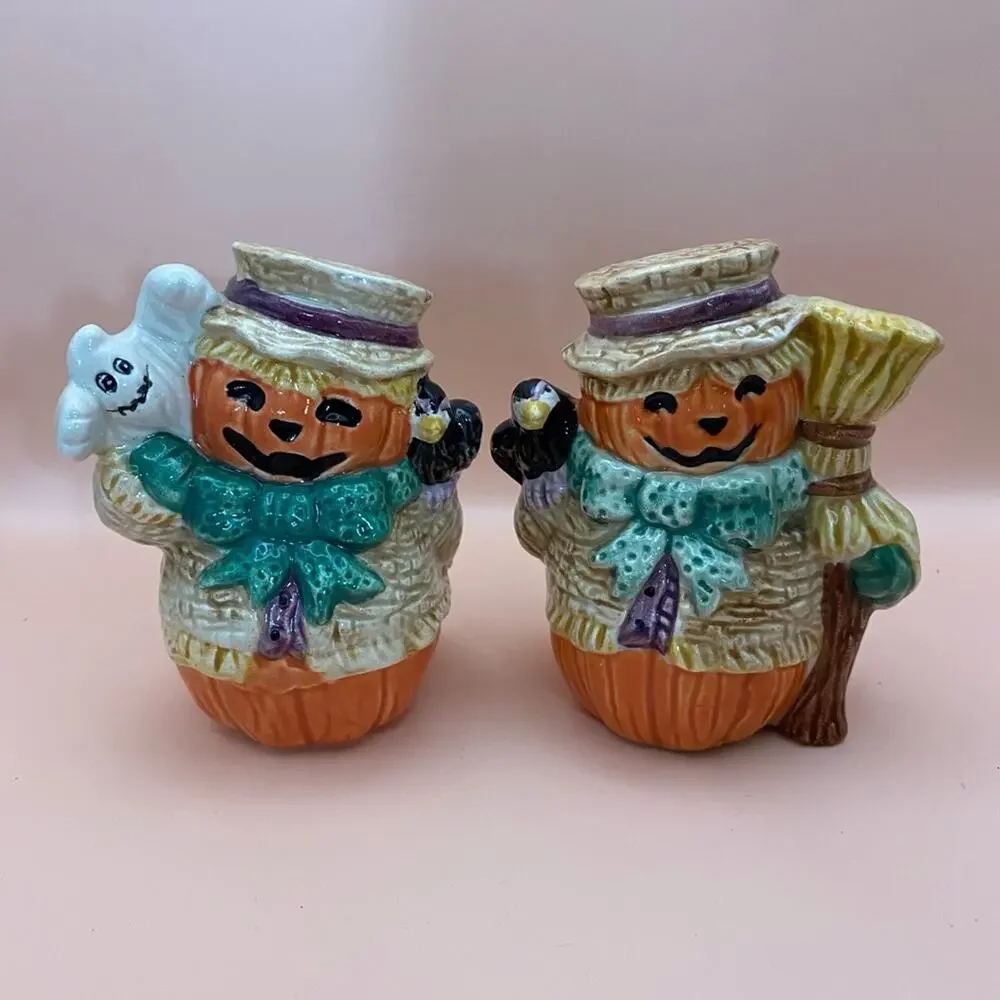 Ceramic Fall Halloween Salt and Pepper Shakers Ghost Broom Crow